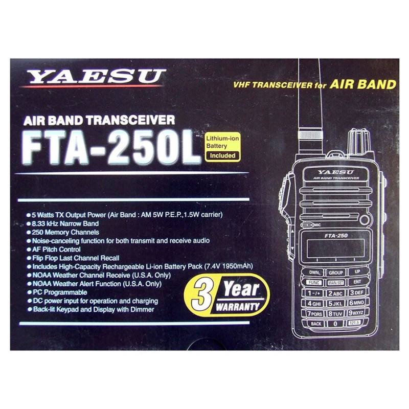 Yaesu FTA250L ręczny radiotelefon na pasmo lotnicze z krokiem 8.33 i